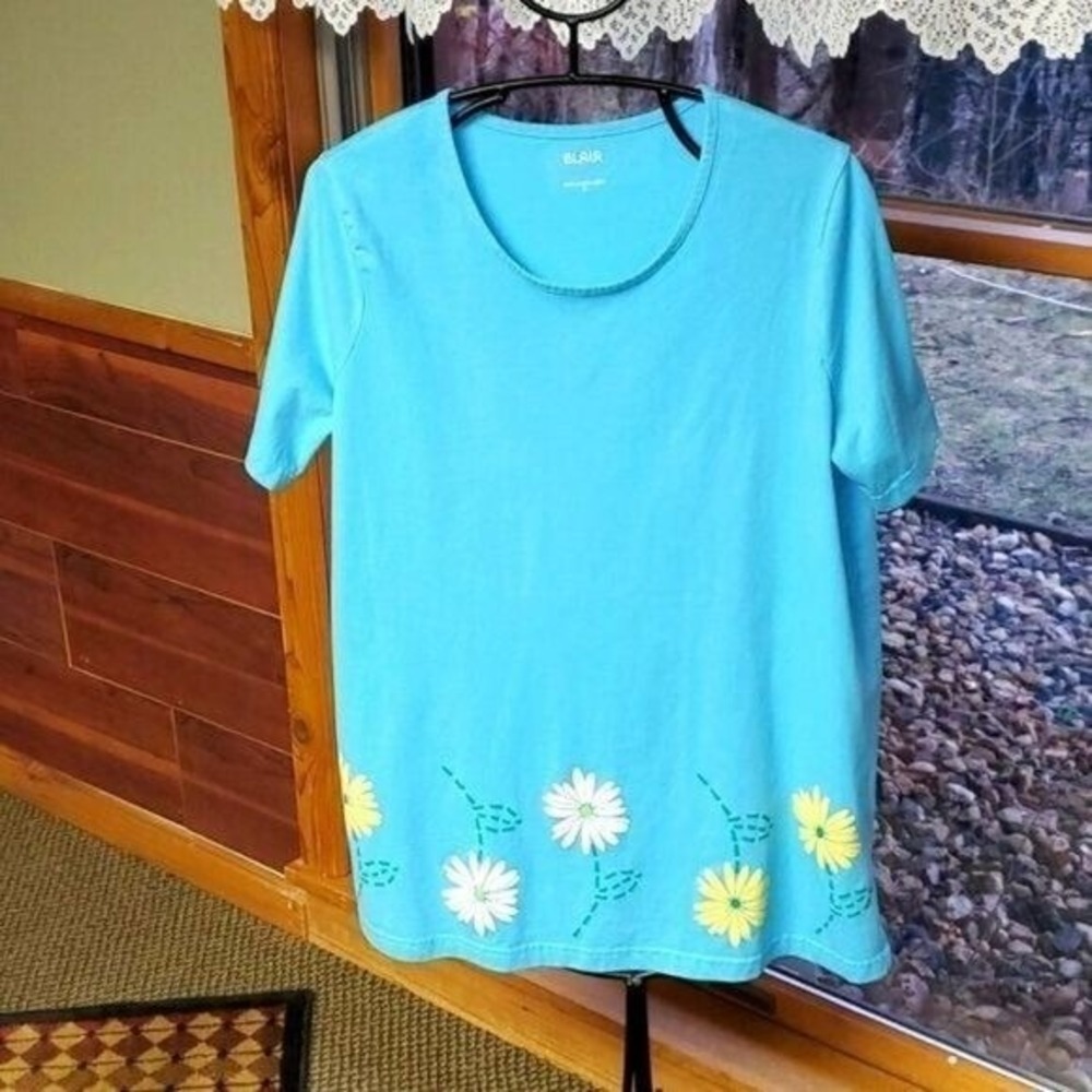 Blair Embellished Graphic Floral Short Sleeve Round Neck Sz. XL Long Top